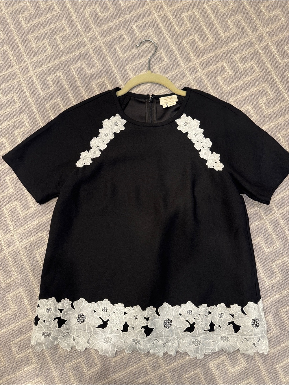 kate spade Black Short Sleeve Top with White Floral Lace Trim